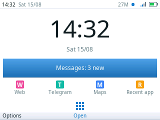 The new launcher on the light theme, with Web, Telegram, Maps and Recent app