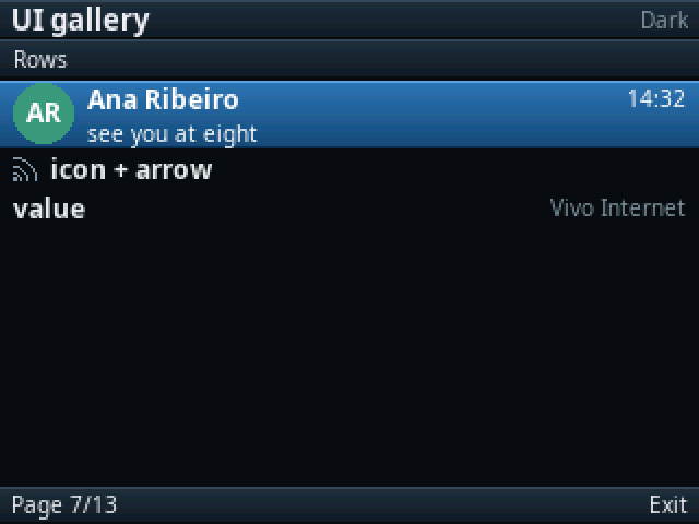 Rows: a chat row with avatar, an icon row and a value row